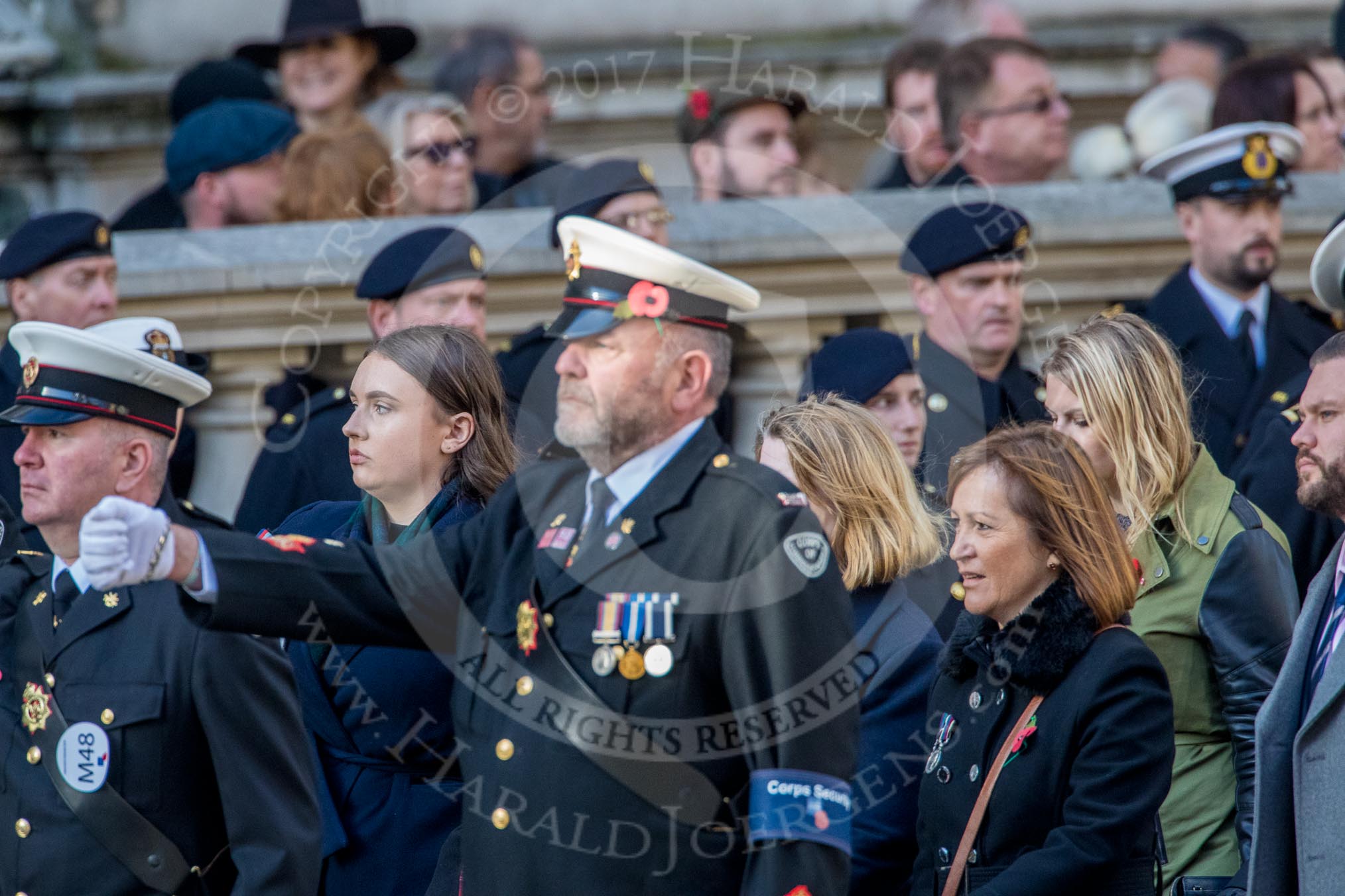 Corps Security (Group M48, 4 members) and YMCA (Group M49, 30 members) during the Royal British Legion March Past on Remembrance Sunday at the Cenotaph, Whitehall, Westminster, London, 11 November 2018, 12:31.