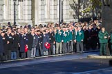 The first column of veterans is marching from Horse Guards Parade onto Whitehall before the Remembrance Sunday Cenotaph Ceremony 2018 at Horse Guards Parade, Westminster, London, 11 November 2018, 10:08.