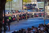 The rear end of the first column of the March Past before the Remembrance Sunday Cenotaph Ceremony 2018 at Horse Guards Parade, Westminster, London, 11 November 2018, 10:09.