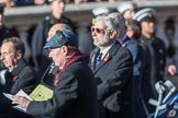 HMS Ark Royal Association  (Group E27, 28 members) with a gentleman from the BBC in front during the Royal British Legion March Past on Remembrance Sunday at the Cenotaph, Whitehall, Westminster, London, 11 November 2018, 11:44.