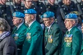 Irish United Nations Veterans Association  (Group F18, 14 members)  during the Royal British Legion March Past on Remembrance Sunday at the Cenotaph, Whitehall, Westminster, London, 11 November 2018, 11:53.