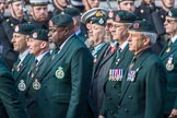 Royal Green Jackets (Group A2, 153 members) during the Royal British Legion March Past on Remembrance Sunday at the Cenotaph, Whitehall, Westminster, London, 11 November 2018, 11:55.