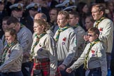 The Scout Association (Group M36, 30 members) during the Royal British Legion March Past on Remembrance Sunday at the Cenotaph, Whitehall, Westminster, London, 11 November 2018, 12:30.