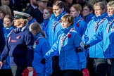 Girlguiding London and South East England(Group M38, 40 members) during the Royal British Legion March Past on Remembrance Sunday at the Cenotaph, Whitehall, Westminster, London, 11 November 2018, 12:30.