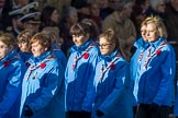 Girlguiding London and South East England(Group M38, 40 members) during the Royal British Legion March Past on Remembrance Sunday at the Cenotaph, Whitehall, Westminster, London, 11 November 2018, 12:30.