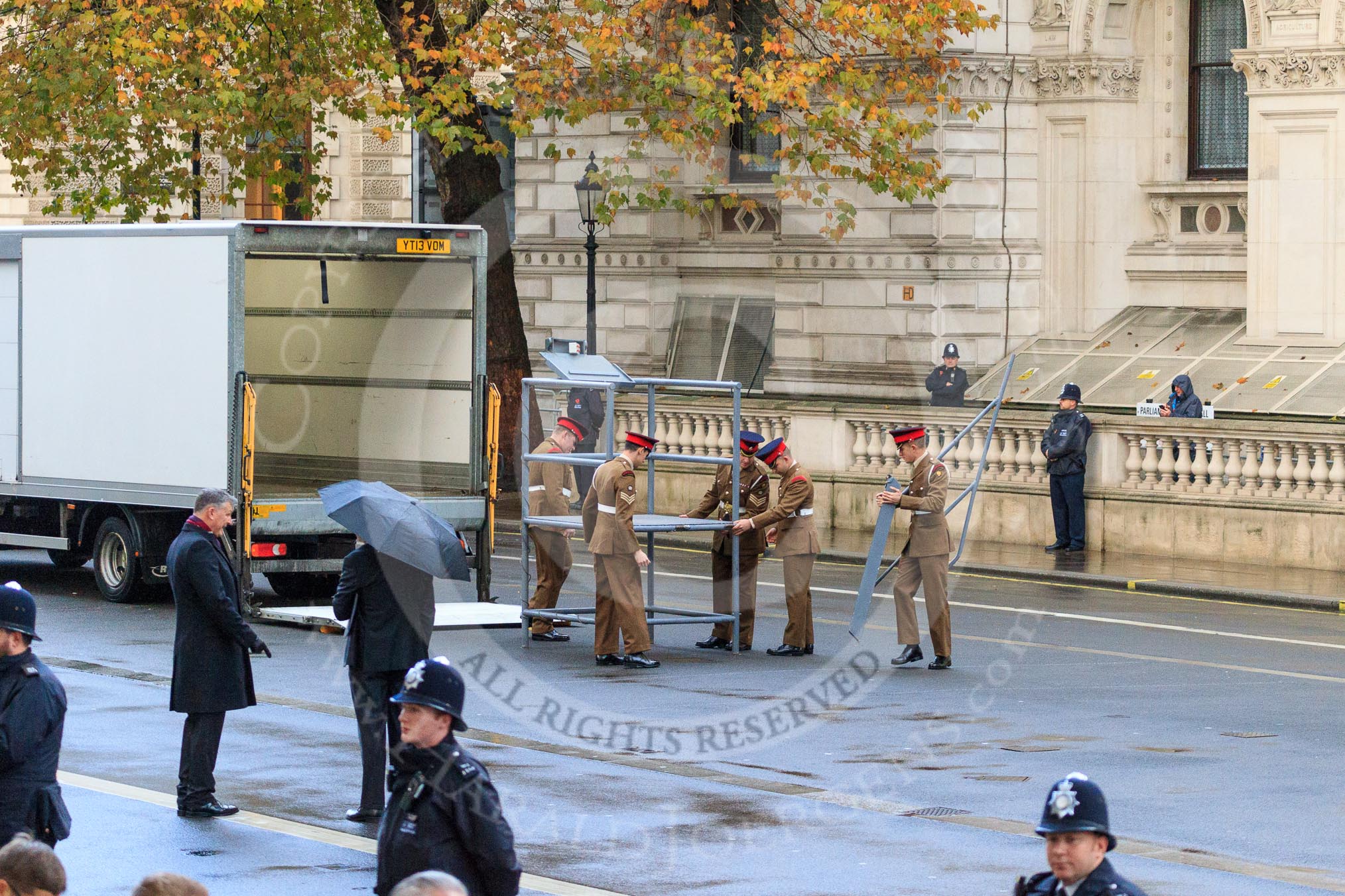The workplace for the conductor of the Massed Bands is assembled before the Remembrance Sunday Cenotaph Ceremony 2018 at Horse Guards Parade, Westminster, London, 11 November 2018, 08:12.