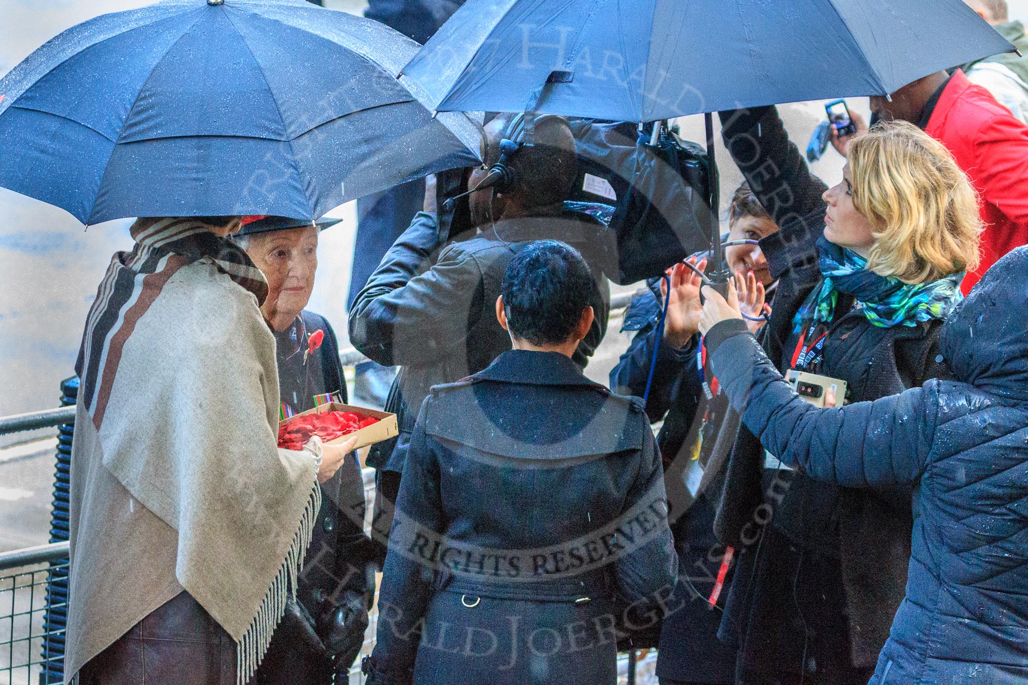 BBC interview with a poppy seller before the Remembrance Sunday Cenotaph Ceremony 2018 at Horse Guards Parade, Westminster, London, 11 November 2018, 08:19.