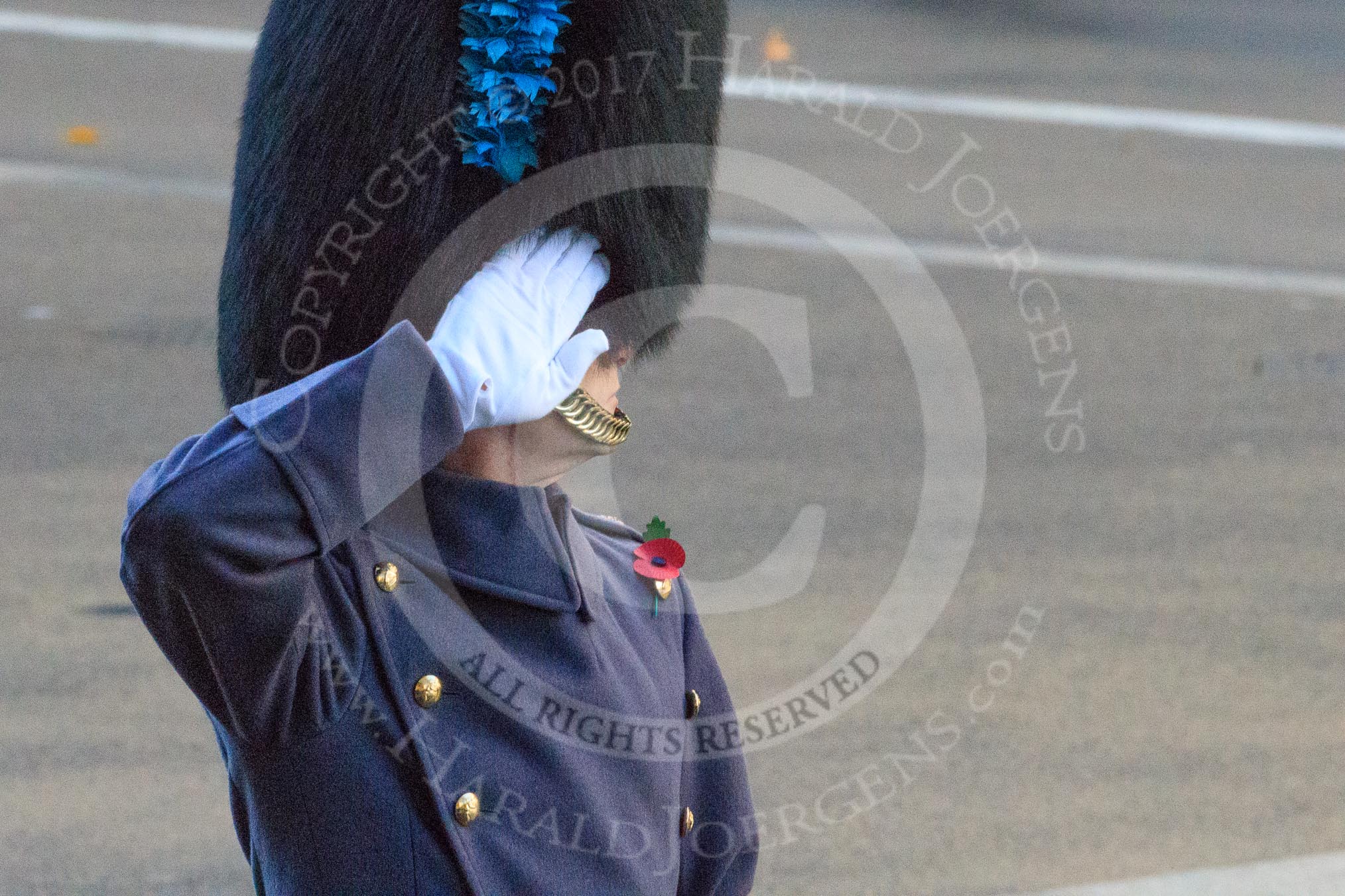 An Irish Guards major salutes the Cenotaph before the Remembrance Sunday Cenotaph Ceremony 2018 at Horse Guards Parade, Westminster, London, 11 November 2018, 08:36.