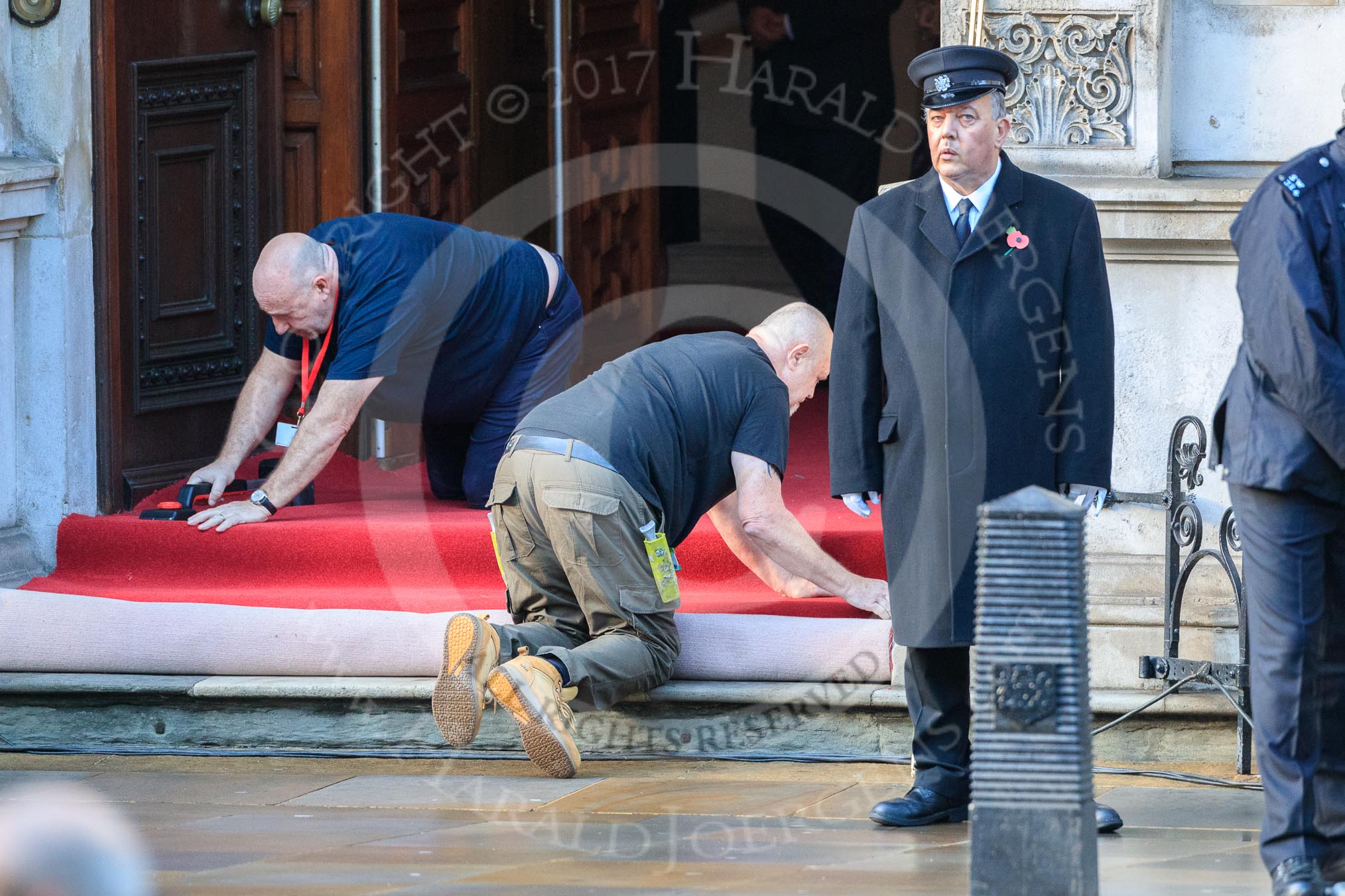 Rge red carpet is rolled out at the entrance of the Foreign and Commonwealth Office before the Remembrance Sunday Cenotaph Ceremony 2018 at Horse Guards Parade, Westminster, London, 11 November 2018, 09:40.