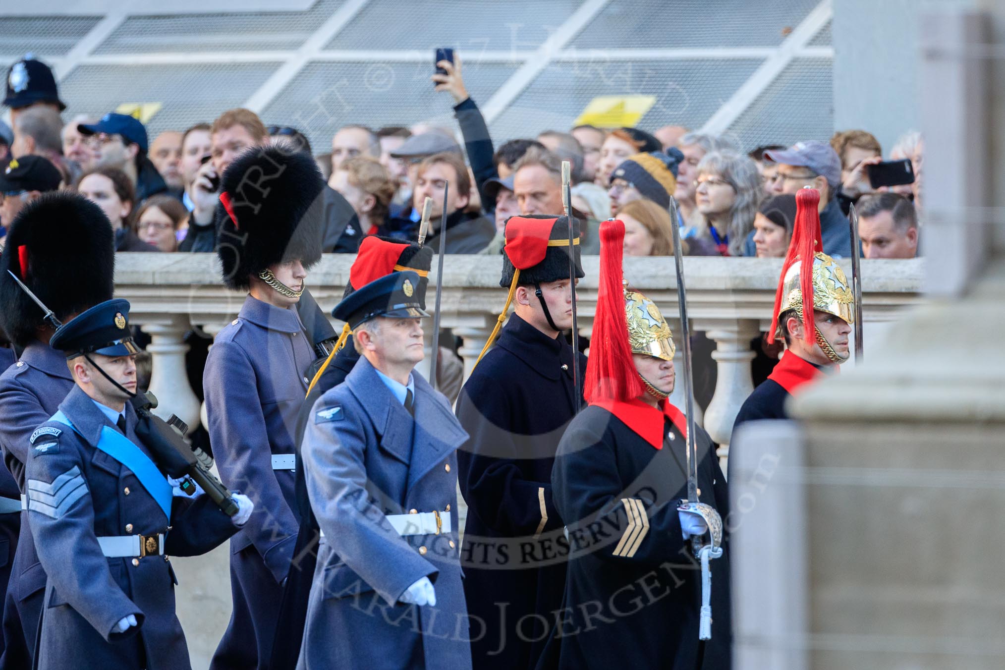 Photo #34 (1811110948051X29550HaraldJoergens) The first group of the Armed Forces arrives on Whitehall before the Remembrance Sunday Cenotaph Ceremony 2018 at Horse Guards Parade, Westminster, London, 11 November 2018, 09:48. They might be the "markers" for their service detachments, followed by stretcher bearers.