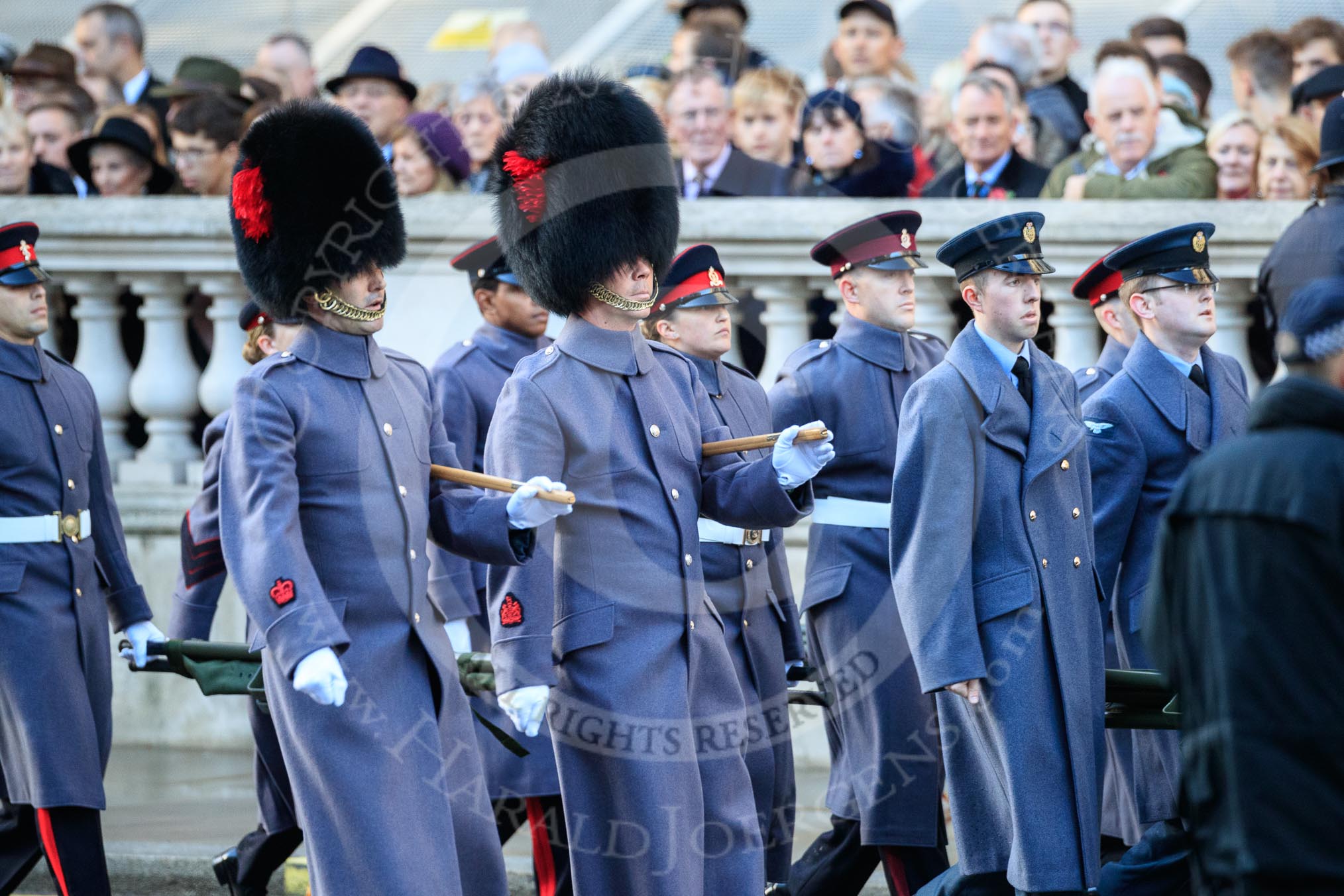 Photo #35 (1811110948101X29555HaraldJoergens) The first group of the Armed Forces arrives on Whitehall before the Remembrance Sunday Cenotaph Ceremony 2018 at Horse Guards Parade, Westminster, London, 11 November 2018, 09:48. They might be the "markers" for their service detachments, followed by stretcher bearers.