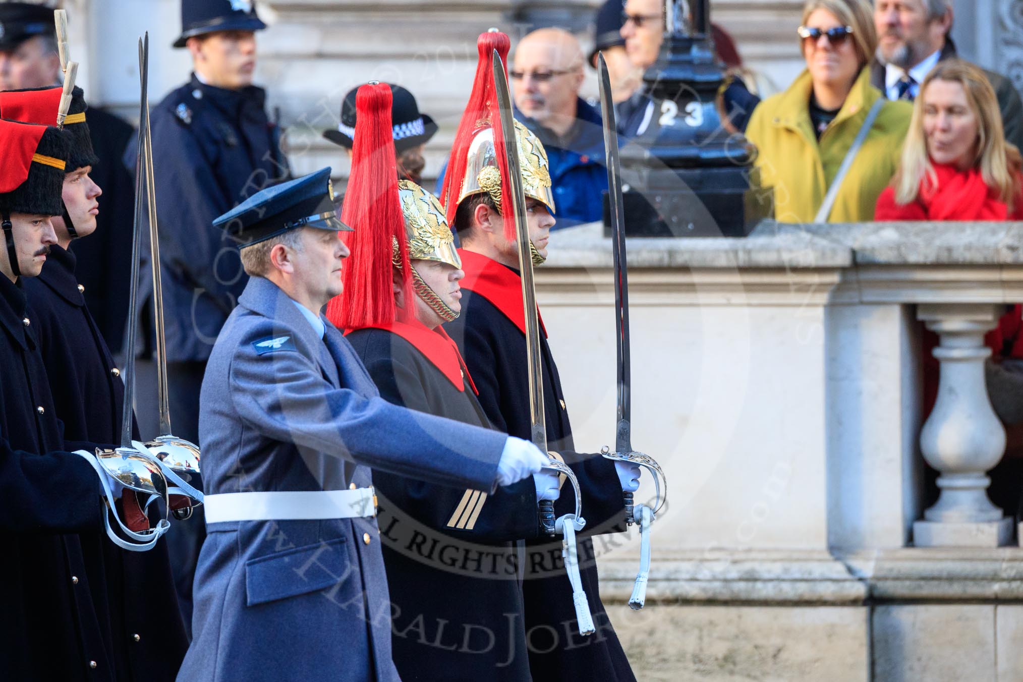 The first group of the Armed Forces arrives on Whitehall before the Remembrance Sunday Cenotaph Ceremony 2018 at Horse Guards Parade, Westminster, London, 11 November 2018, 09:48. They might be the "markers" for their service detachments, followed by stretcher bearers.