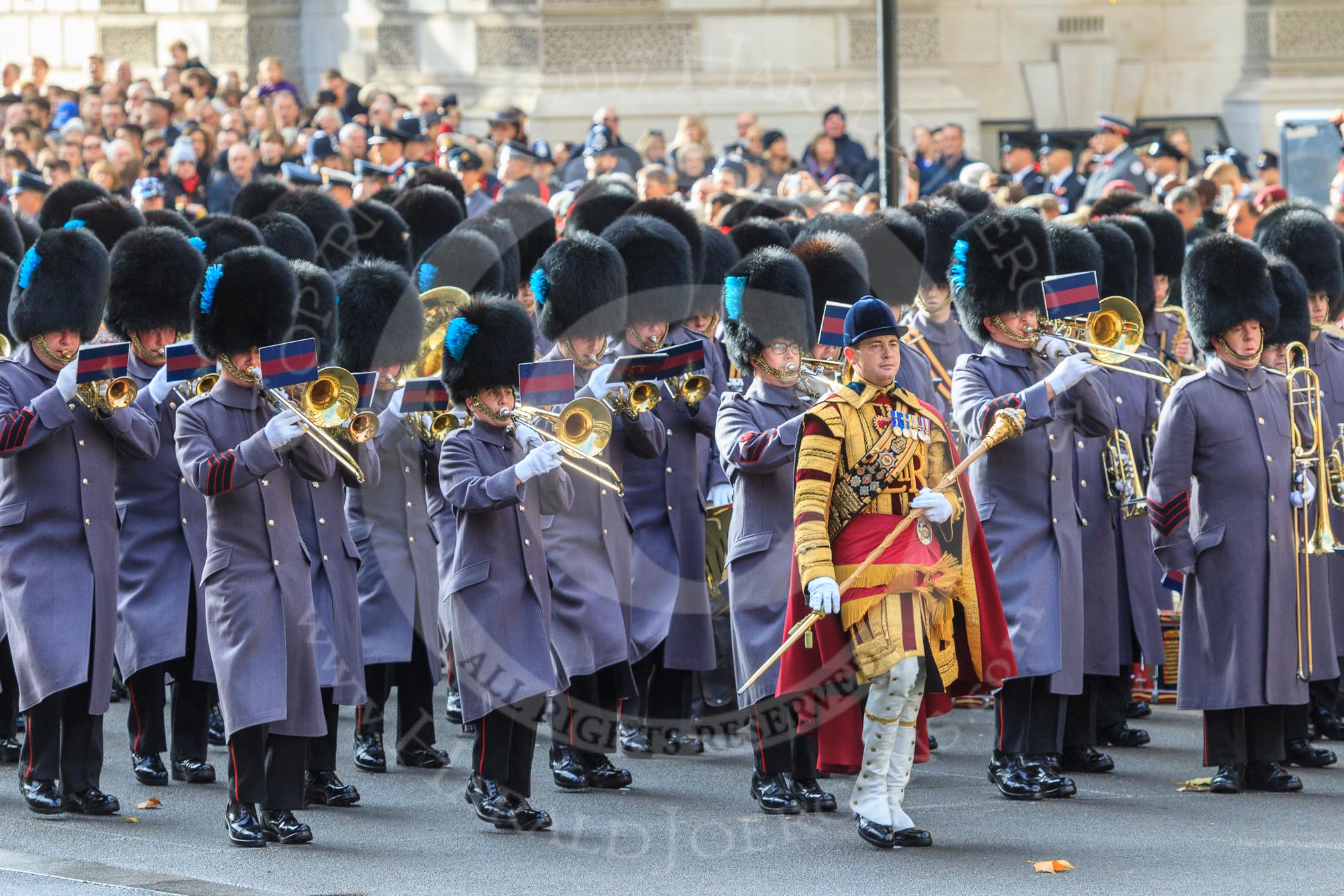 The third of the Massed Bands, the Band of the Irish Guards, led by Senior Drum Major Household Division, Damian Thomas, Grenadier Guards,  arrives on Whitehall before the Remembrance Sunday Cenotaph Ceremony 2018 at Horse Guards Parade, Westminster, London, 11 November 2018, 10:27.