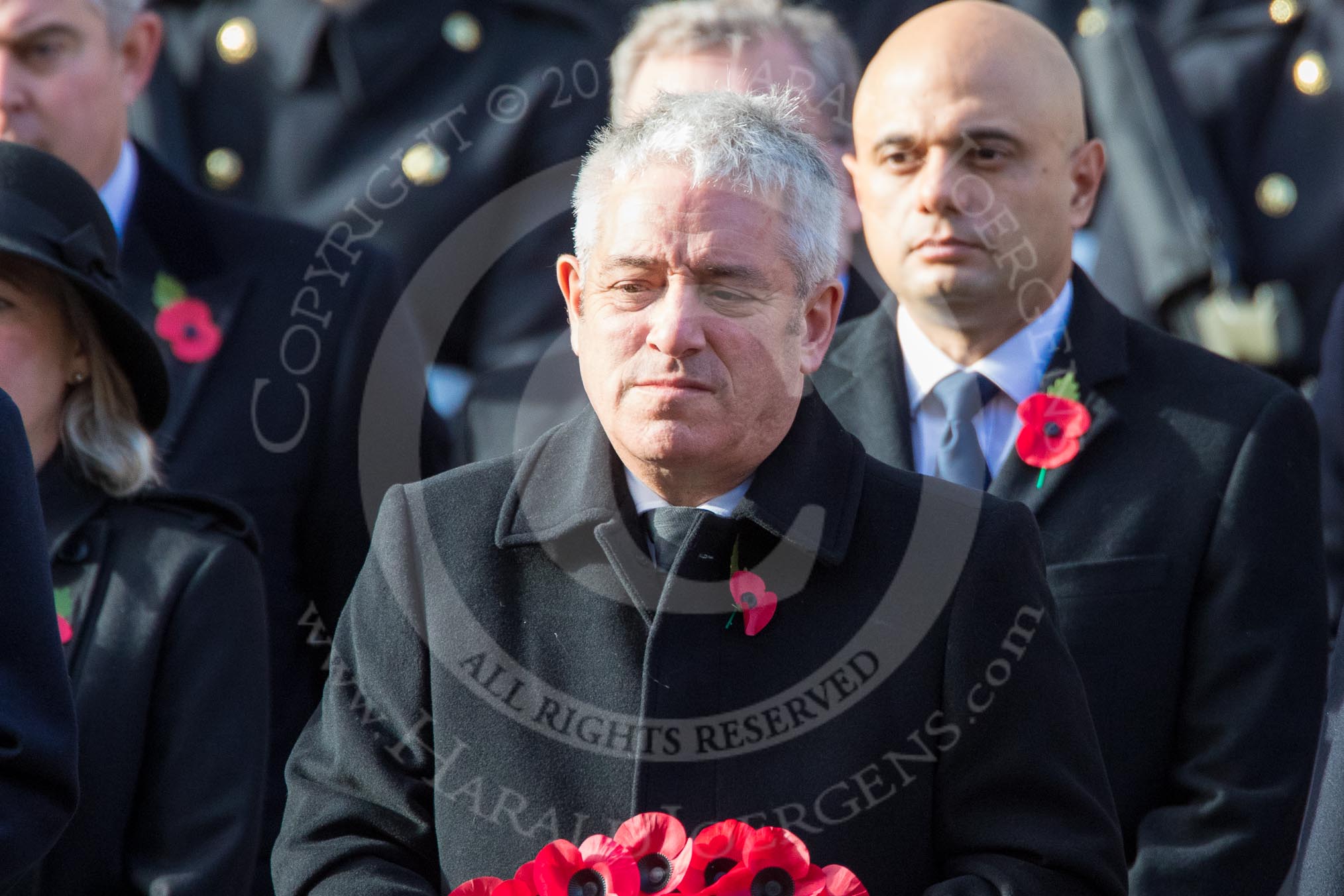 The Rt Hon John Bercow MP, Speaker of the House of Commons (on behalf of Parliament representing members of the House of Commons) with his wreath during the Remembrance Sunday Cenotaph Ceremony 2018 at Horse Guards Parade, Westminster, London, 11 November 2018, 10:57.