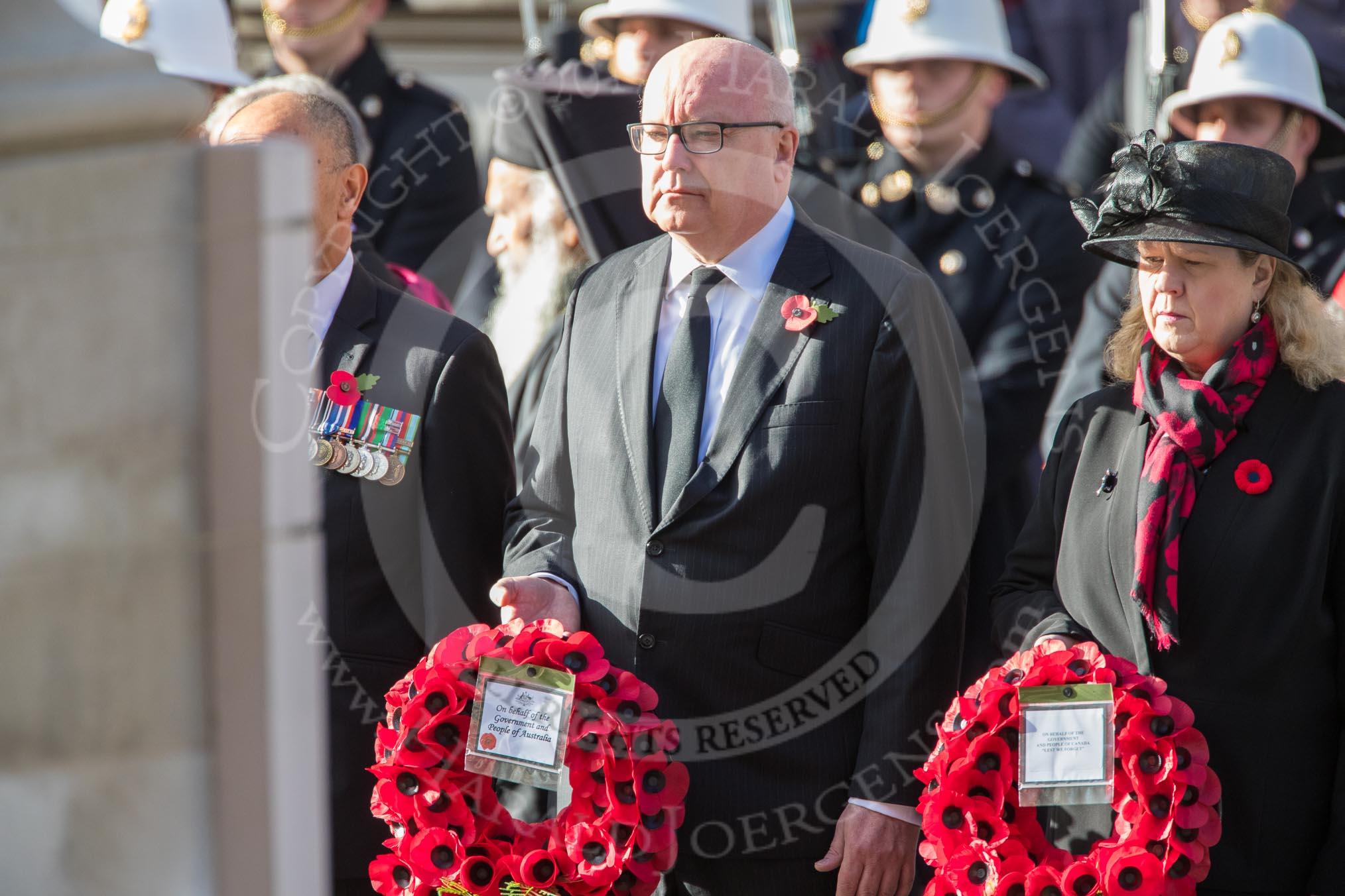 Photo #180 (1811111057481X20177HaraldJoergens) The High Commissioner for Australia, HE George Brandis, and The High Commissioner for Canada, HE Janice Charette, with their wreaths during Remembrance Sunday Cenotaph Ceremony 2018 at Horse Guards Parade, Westminster, London, 11 November 2018, 10:57.