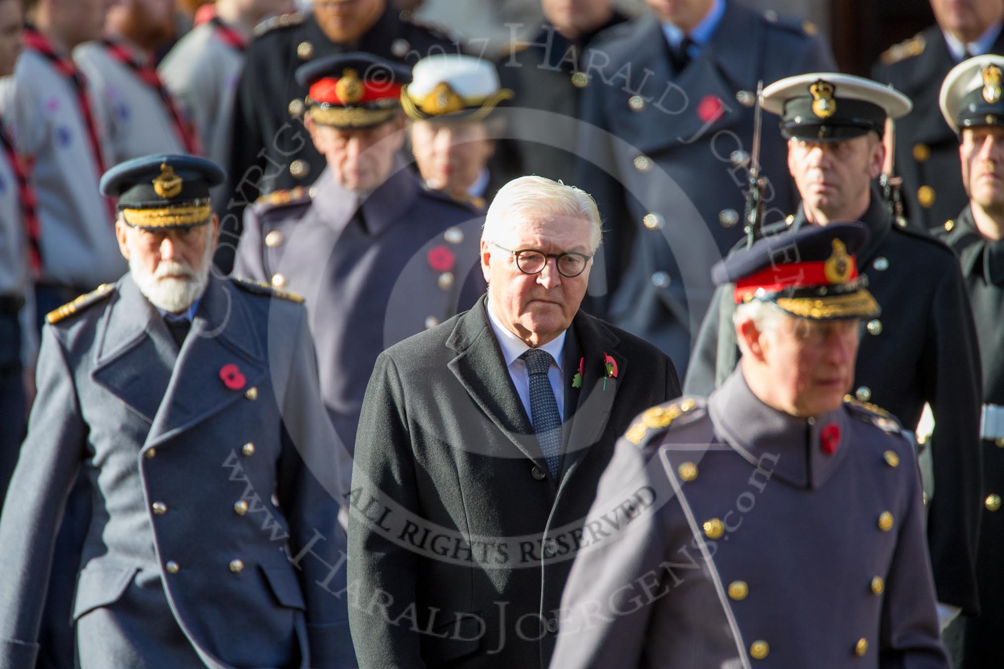 HE The President of the Federal Republic of Germany, Frank-Walter Steinmeier, in focus, between HRH The Prince of Wales (Prince Charles) and HRH Prince Michael of Kent, followed by HRH The Duke of Kent (Prince Edward) and HRH The Princess Royal (Princess Anne) during the during Remembrance Sunday Cenotaph Ceremony 2018 at Horse Guards Parade, Westminster, London, 11 November 2018, 10:58.