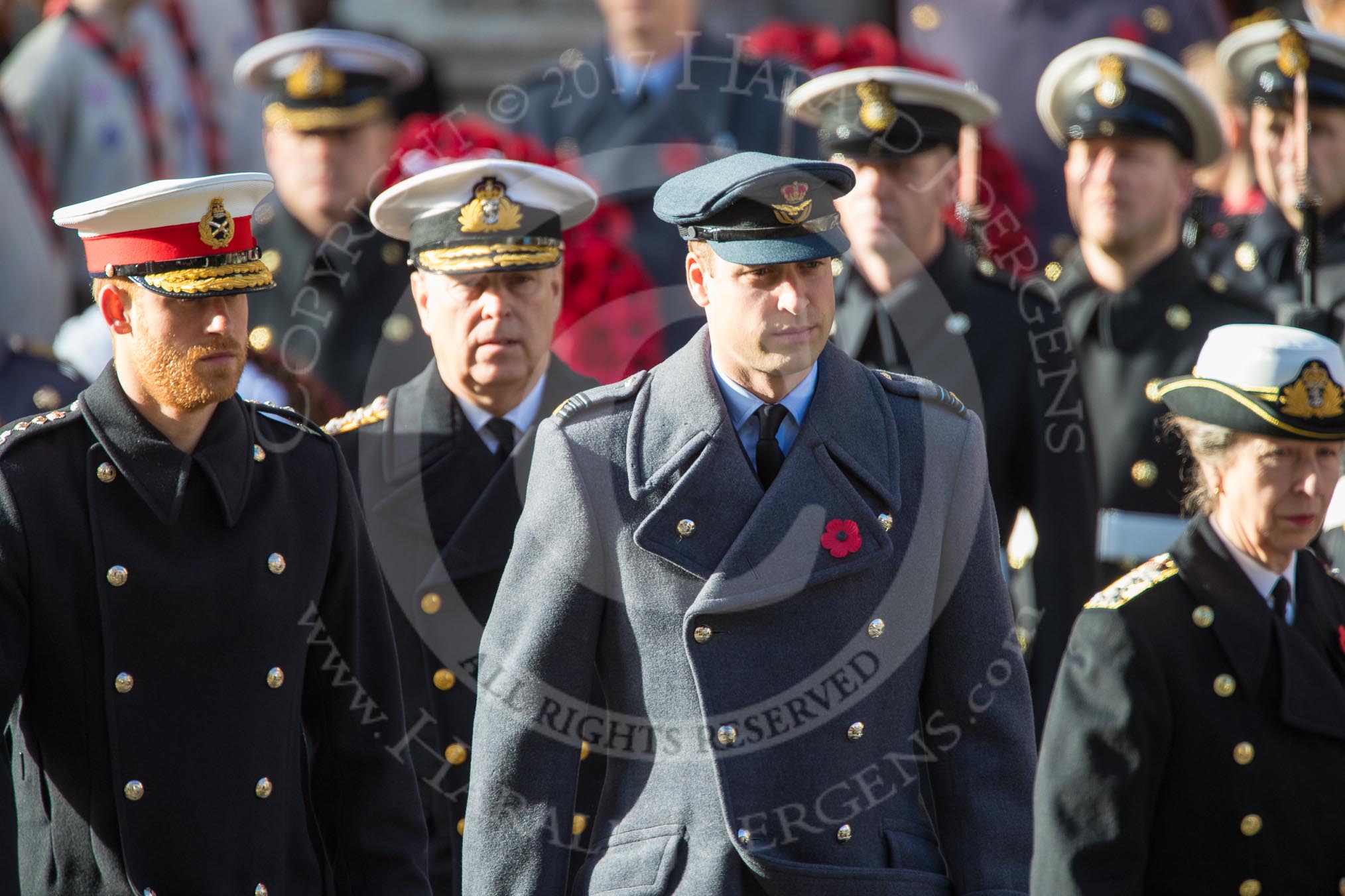 HRH The Duke of Sussex (Prince Harry), HRH The Duke of York (Prince Andrew), and HRH The Duke of Cambridge (Prince William) during the Remembrance Sunday Cenotaph Ceremony 2018 at Horse Guards Parade, Westminster, London, 11 November 2018, 10:59.