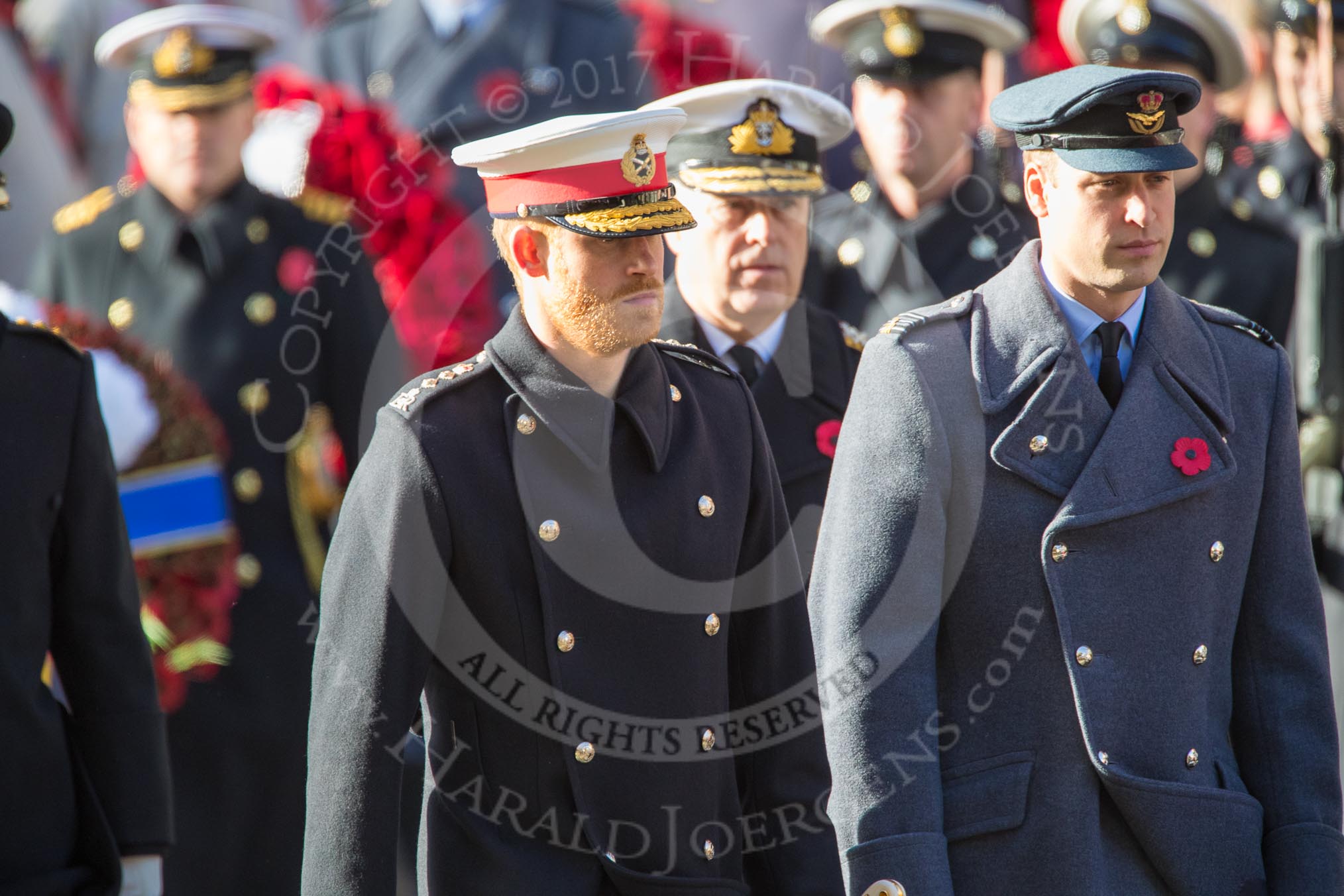 HRH The Duke of Sussex (Prince Harry), HRH The Duke of York (Prince Andrew), and HRH The Duke of Cambridge (Prince William)  during the Remembrance Sunday Cenotaph Ceremony 2018 at Horse Guards Parade, Westminster, London, 11 November 2018, 10:59.