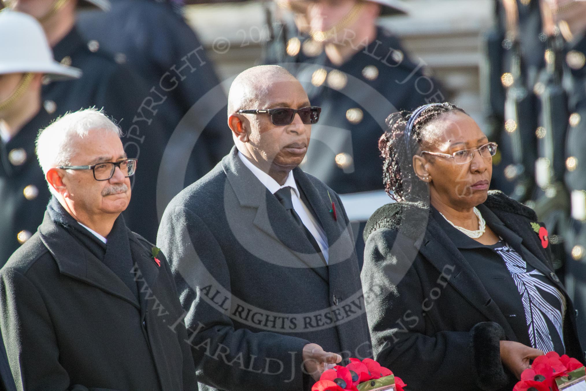 Photo #239 (1811111104021X20530HaraldJoergens) The High Commissioner of Malta, Joesph Cole, the High Commissioner of Malawi, Kena A. Mphonda, and the Acting High Commissioner of Kenya, Mrs. Grace Cerere, during Remembrance Sunday Cenotaph Ceremony 2018 at Horse Guards Parade, Westminster, London, 11 November 2018, 11:04.