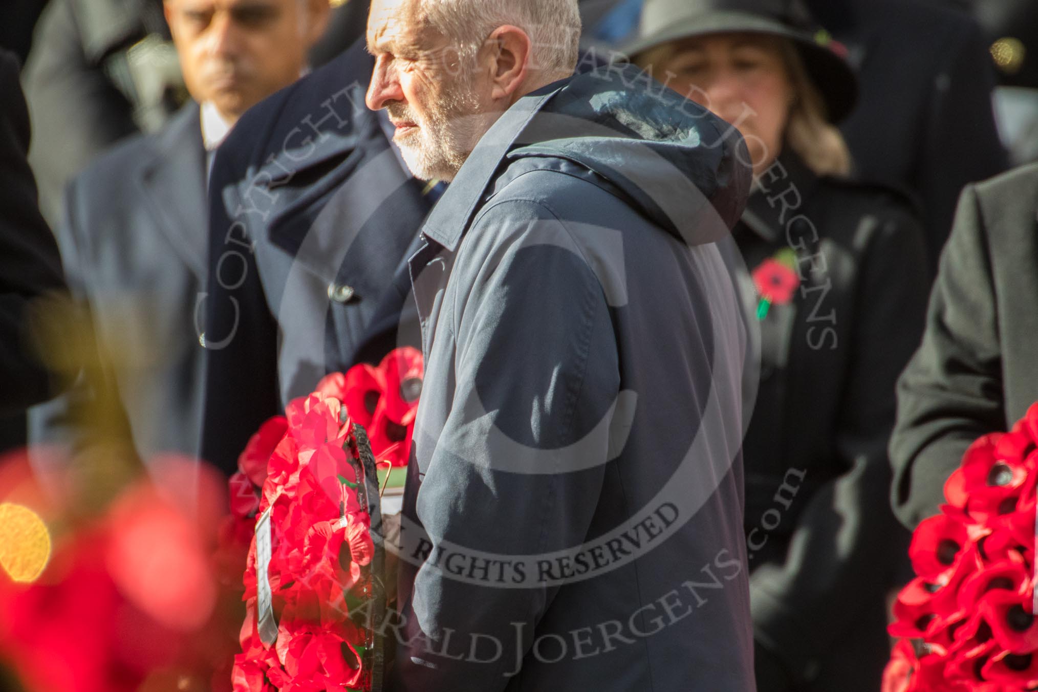 The Rt Hon Jeremy Corbyn MP, (Leader of the Labour Party and Leader of the Opposition)  during the Remembrance Sunday Cenotaph Ceremony 2018 at Horse Guards Parade, Westminster, London, 11 November 2018, 11:08.