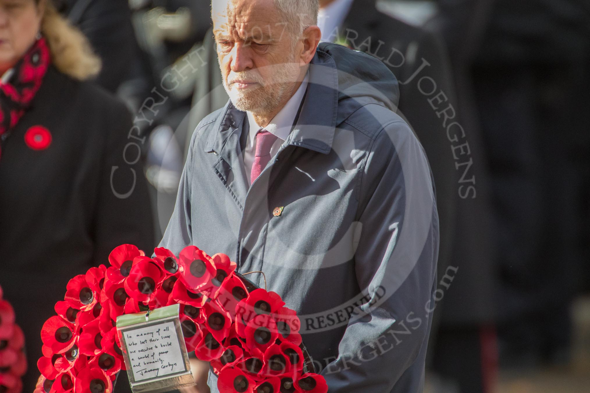 The Rt Hon Jeremy Corbyn MP, (Leader of the Labour Party and Leader of the Opposition)  during the Remembrance Sunday Cenotaph Ceremony 2018 at Horse Guards Parade, Westminster, London, 11 November 2018, 11:08.