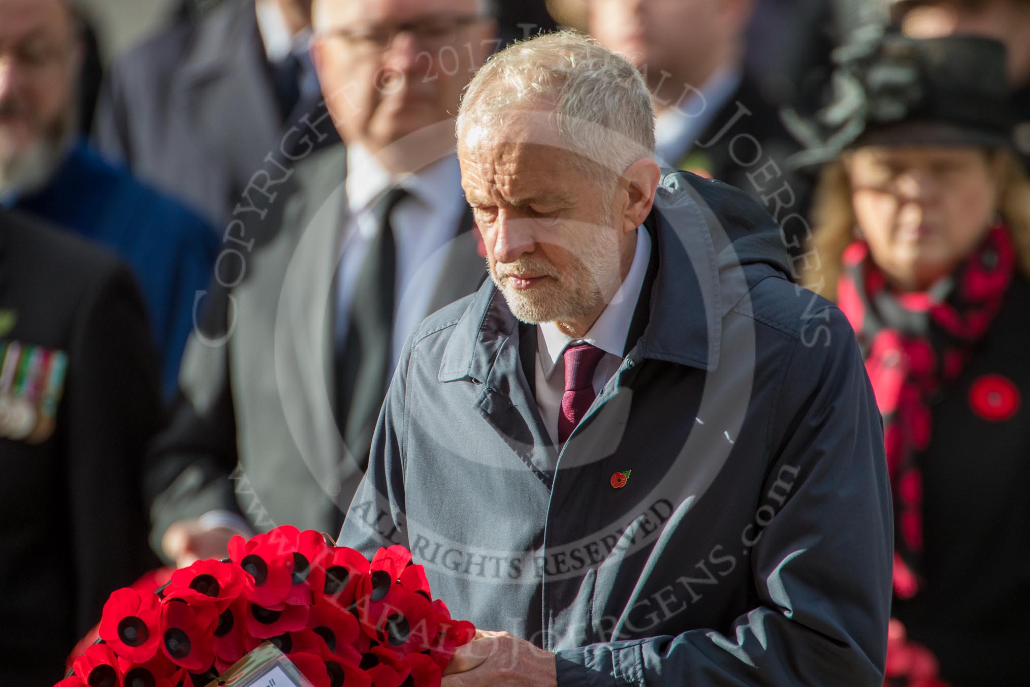 The Rt Hon Jeremy Corbyn MP, (Leader of the Labour Party and Leader of the Opposition)  during the Remembrance Sunday Cenotaph Ceremony 2018 at Horse Guards Parade, Westminster, London, 11 November 2018, 11:08.