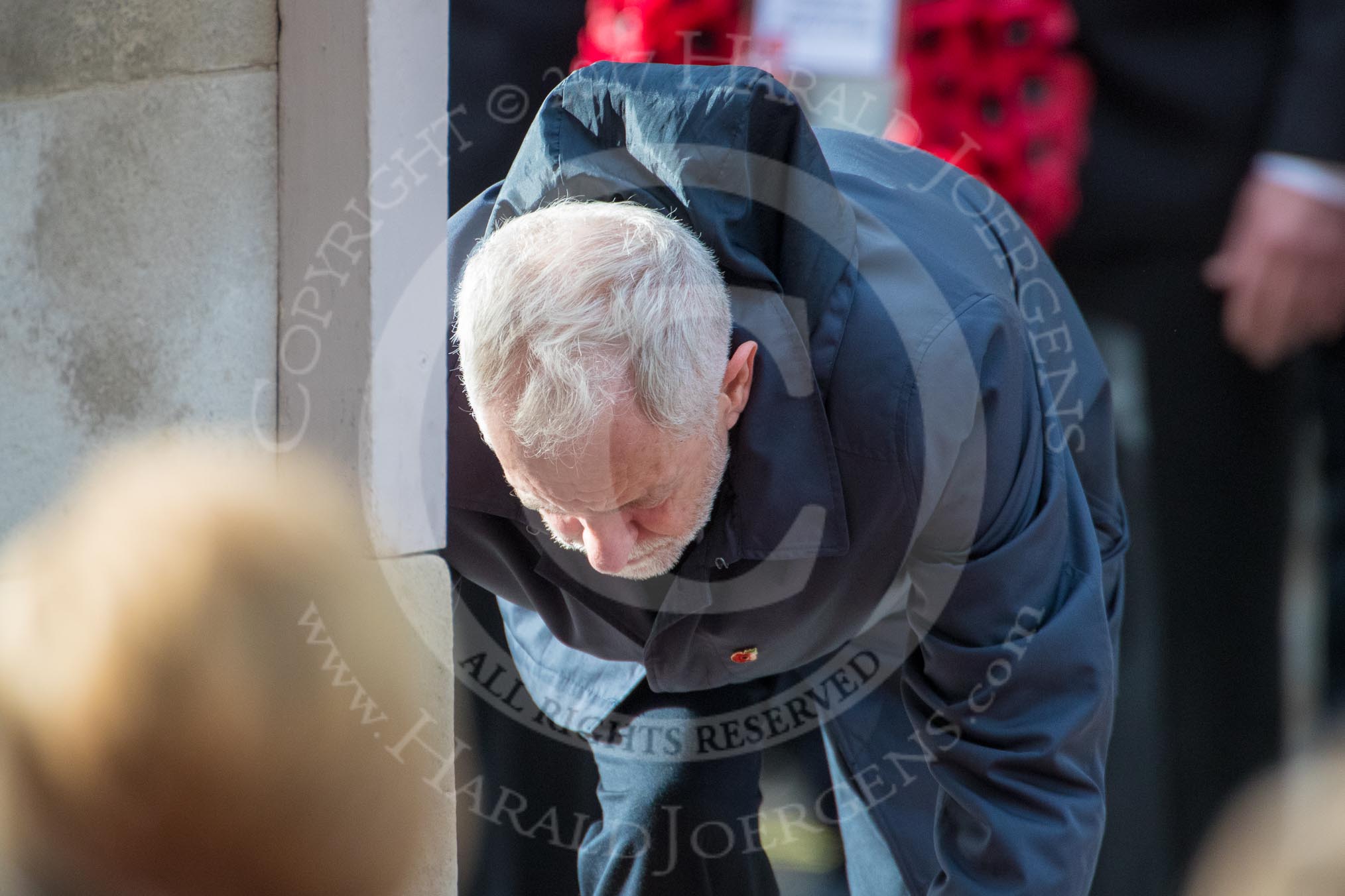 The Rt Hon Jeremy Corbyn MP, (Leader of the Labour Party and Leader of the Opposition)  during the Remembrance Sunday Cenotaph Ceremony 2018 at Horse Guards Parade, Westminster, London, 11 November 2018, 11:08.