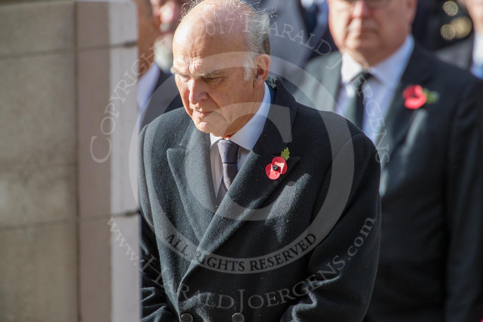 The Rt Hon Vince Cable MP (Leader of the Liberal Democrats) during the Remembrance Sunday Cenotaph Ceremony 2018 at Horse Guards Parade, Westminster, London, 11 November 2018, 11:09.
