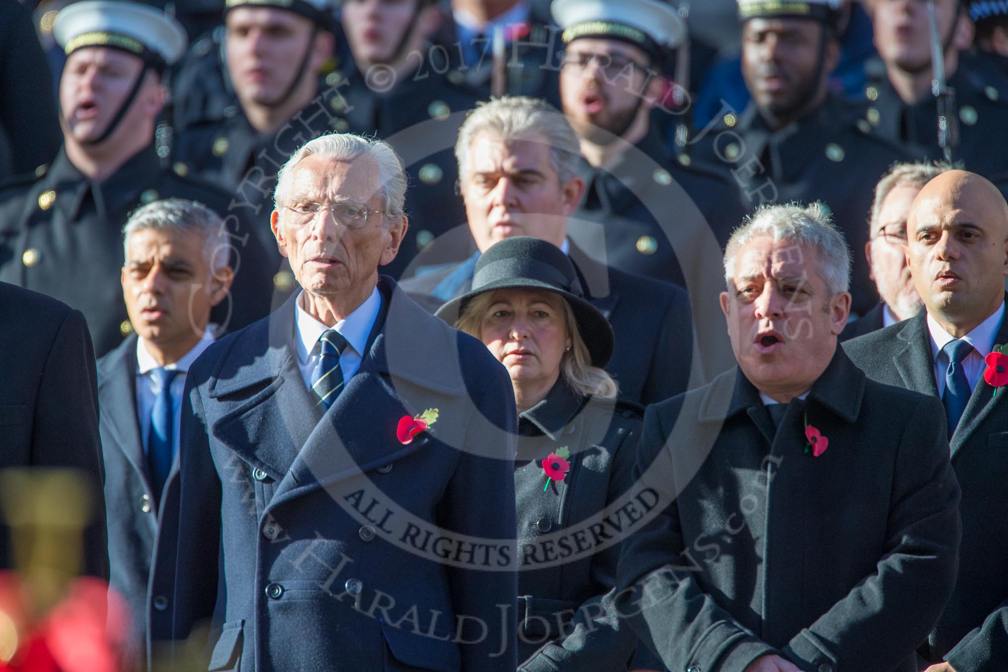 Representatives of the government, and the streetliners, here the Royal Navy, singing during the Remembrance Sunday Cenotaph Ceremony 2018 at Horse Guards Parade, Westminster, London, 11 November 2018, 11:22.