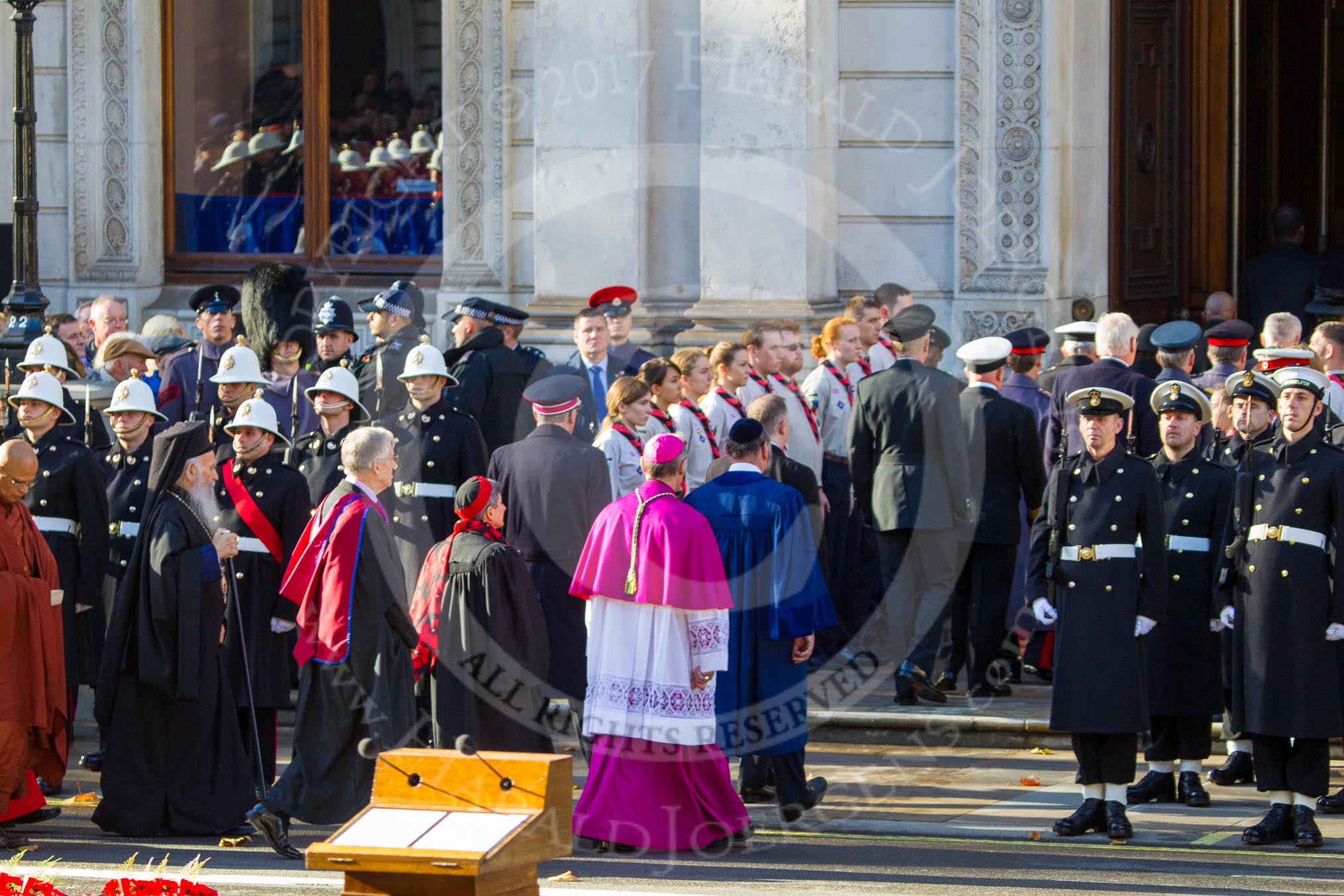 The representatives of the faith communities returning to the Foreign and Commonwealth Office during the Remembrance Sunday Cenotaph Ceremony 2018 at Horse Guards Parade, Westminster, London, 11 November 2018, 11:26.