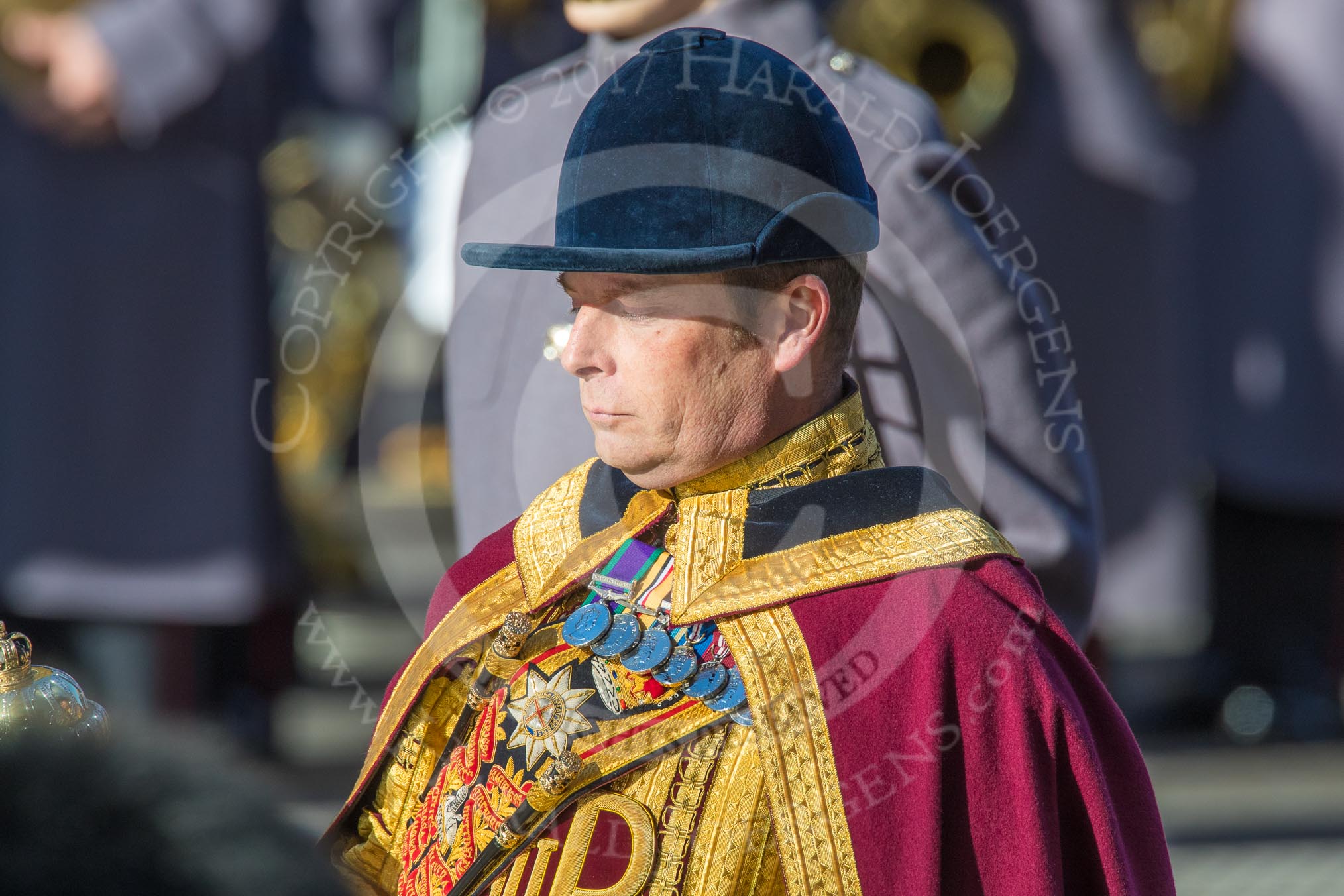 Drum Major Scott Fitzgerald, Coldstream Guards, (Senior Drum Major HQ London District) during Remembrance Sunday Cenotaph Ceremony 2018 at Horse Guards Parade, Westminster, London, 11 November 2018, 11:33.