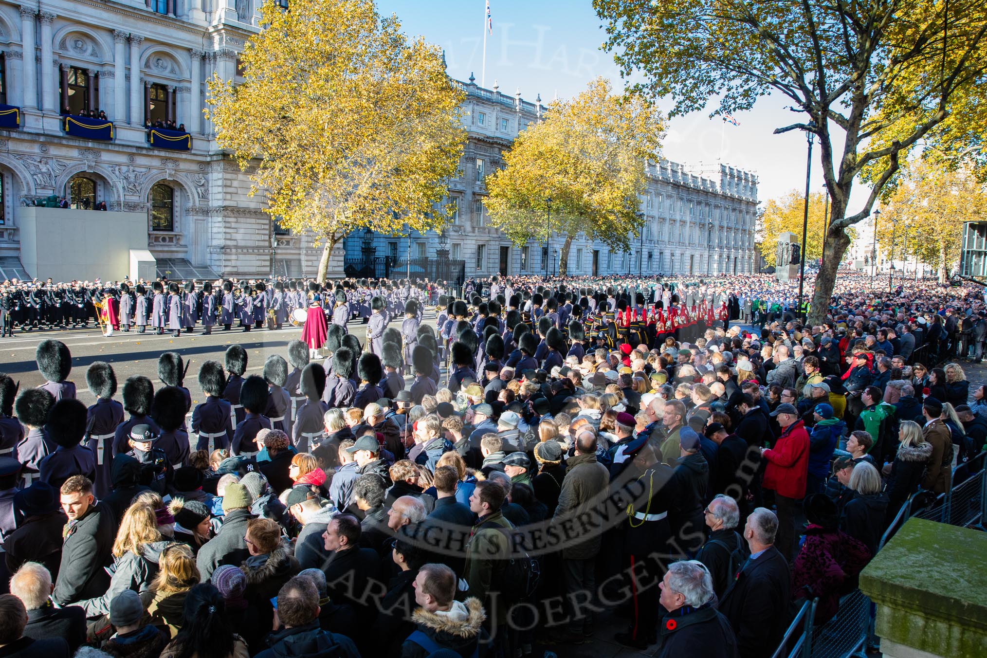 The eastern side of Whitehall, where over 9000 veterans are waiting for the March Past during the Remembrance Sunday Cenotaph Ceremony 2018 at Horse Guards Parade, Westminster, London, 11 November 2018, 11:37.