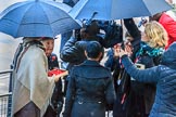 BBC interview with a poppy seller before the Remembrance Sunday Cenotaph Ceremony 2018 at Horse Guards Parade, Westminster, London, 11 November 2018, 08:19.