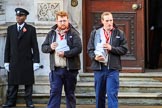 The The Queen's Scouts leaving the Foreign and Commonwealth Office to distribute the Order of Service in Whitehall before the Remembrance Sunday Cenotaph Ceremony 2018 at Horse Guards Parade, Westminster, London, 11 November 2018, 09:13.