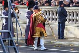 The Band of the Coldstream Guards arrives at the Cenotaph, led by Drum Major Liam Rowley, Coldstream Guards, before the Remembrance Sunday Cenotaph Ceremony 2018 at Horse Guards Parade, Westminster, London, 11 November 2018, 10:25.