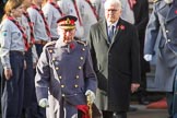 HRH The Prince of Wales (Prince Charles) lays a wreath on behalf of HM The Queen and HE The President of the Federal Republic of Germany, Frank-Walter Steinmeier  leaving the Foreign and Commonwealth Office during the Remembrance Sunday Cenotaph Ceremony 2018 at Horse Guards Parade, Westminster, London, 11 November 2018, 10:58.