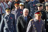 HE The President of the Federal Republic of Germany, Frank-Walter Steinmeier, in focus, between HRH The Prince of Wales (Prince Charles) and HRH Prince Michael of Kent, followed by HRH The Duke of Kent (Prince Edward) and HRH The Princess Royal (Princess Anne) during the during Remembrance Sunday Cenotaph Ceremony 2018 at Horse Guards Parade, Westminster, London, 11 November 2018, 10:58.