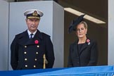 Vice Admiral Sir Tim Laurence, husband of HRH The Princess Royal and HRH The Countess of Wessex (Sophie)  on the balcony of the Foreign and Commonwealth Office during the Remembrance Sunday Cenotaph Ceremony 2018 at Horse Guards Parade, Westminster, London, 11 November 2018, 10:59.