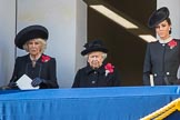 HRH The Duchess of Cornwall (Camilla), Her Majesty The Queen, and HRH The Duchess of Cambridge (Kate) on the balcony of the Foreign and Commonwealth Office during Remembrance Sunday Cenotaph Ceremony 2018 at Horse Guards Parade, Westminster, London, 11 November 2018, 10:59.