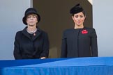 Mrs. Elke Büdenbender, wife of HE The President of the Federal Republic of Germany, Frank-Walter Steinmeier and HRH The Duchess of Sussex (Meghan) on the balcony of the Foreign and Commonwealth Office during the Remembrance Sunday Cenotaph Ceremony 2018 at Horse Guards Parade, Westminster, London, 11 November 2018, 10:59.