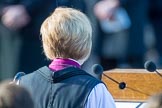 The Right Reverend and Right Honourable Dame Sarah Mullally DBE, the Lord Bishop of London during the service at the Remembrance Sunday Cenotaph Ceremony 2018 at Horse Guards Parade, Westminster, London, 11 November 2018, 11:20.