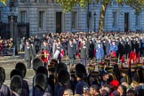 Representatives of The Royal British Legion, London Transport, the Royal Air Forces Association , the Royal Naval Association , the Royal Commonwealth Ex-­Services League, the Royal British Legion Scotland, and the Royal British Legion Women's Section waiting to lay their wreaths at the Cenotaph during the Remembrance Sunday Cenotaph Ceremony 2018 at Horse Guards Parade, Westminster, London, 11 November 2018, 11:26.