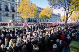 The eastern side of Whitehall, where over 9000 veterans are waiting for the March Past during the Remembrance Sunday Cenotaph Ceremony 2018 at Horse Guards Parade, Westminster, London, 11 November 2018, 11:37.