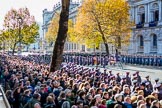 The western side of Whitehall before the Remembrance Sunday Cenotaph March Past 2018 at Horse Guards Parade, Westminster, London, 11 November 2018, 11:37.