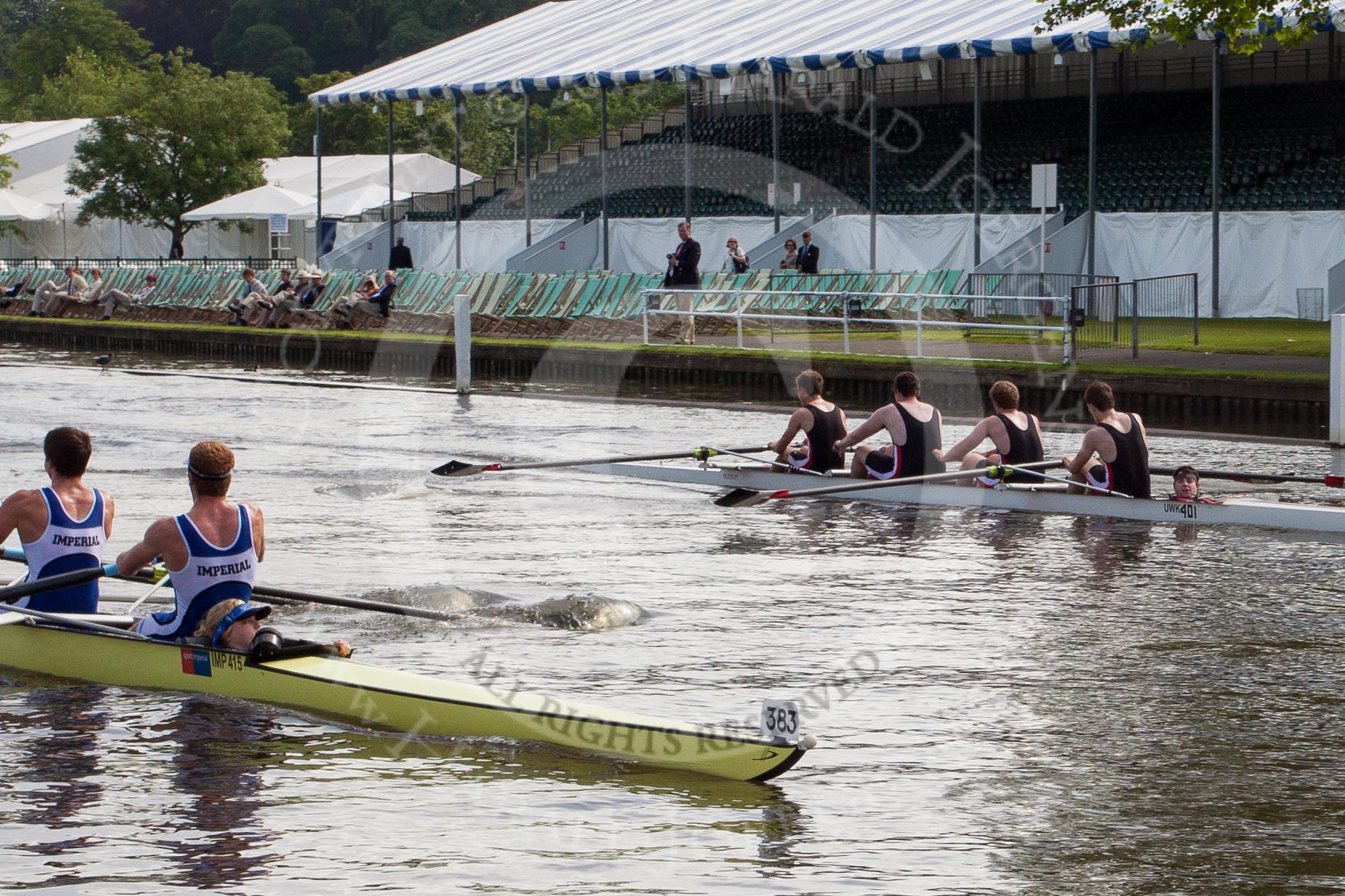 Henley Royal Regatta 2012 (Thursday): Race 4, Prince Albert Challenge Cup:  Imperial College London (383, Bucks) v University of Warwick (403, Berks).
River Thames beteen Henley-on-Thames and Remenham/Temple Island ,
Henley-on-Thames,
Oxfordshire,
United Kingdom,
on 28 June 2012 at 09:21, image #9