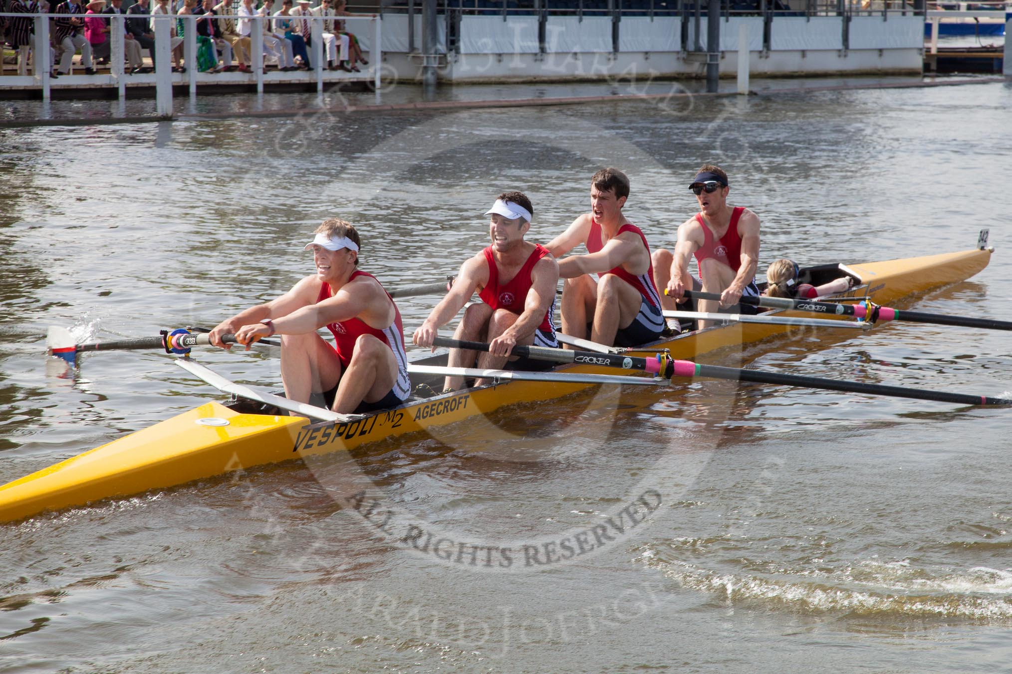 Henley Royal Regatta 2012 (Thursday): Race 10, Britannia Challenge Cup:  Agecroft Rowing Club  (342, Bucks) v Star Club'  (361, Berks).
River Thames beteen Henley-on-Thames and Remenham/Temple Island ,
Henley-on-Thames,
Oxfordshire,
United Kingdom,
on 28 June 2012 at 09:58, image #58