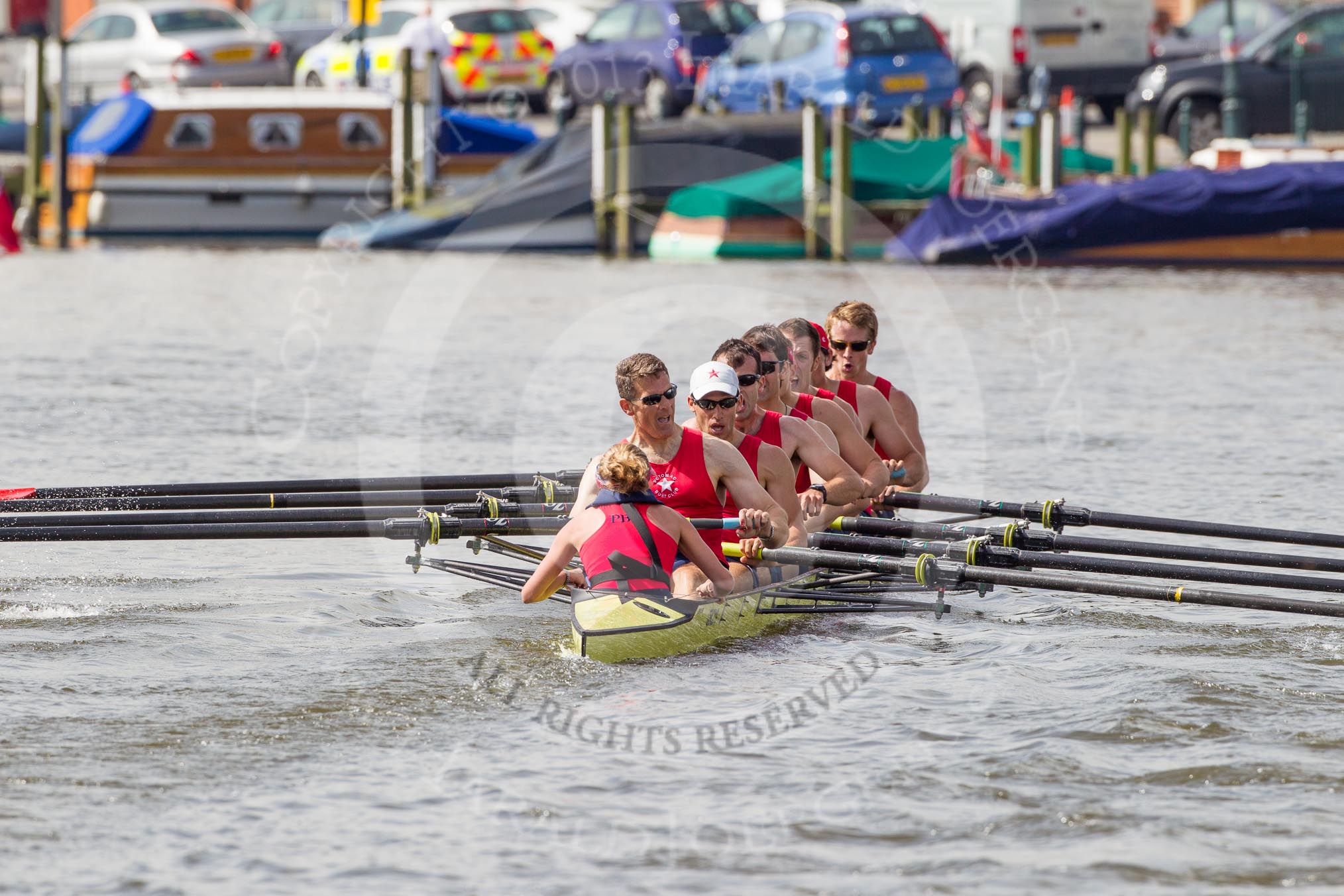 Henley Royal Regatta 2012 (Thursday): Race 11, Thames Challenge Cup:  Potomac Boat Club, U.S.A.  (38, Bucks) v Royal Hong Kong Yacht Club, Hong Kong, China  (43, Berks).
River Thames beteen Henley-on-Thames and Remenham/Temple Island ,
Henley-on-Thames,
Oxfordshire,
United Kingdom,
on 28 June 2012 at 10:05, image #65