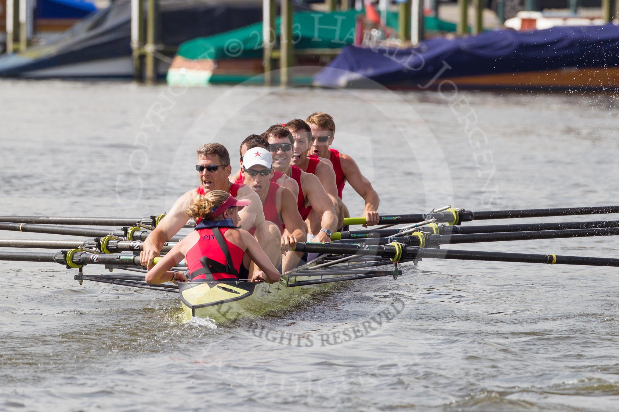 Henley Royal Regatta 2012 (Thursday): Race 11, Thames Challenge Cup:  Potomac Boat Club, U.S.A.  (38, Bucks) v Royal Hong Kong Yacht Club, Hong Kong, China  (43, Berks).
River Thames beteen Henley-on-Thames and Remenham/Temple Island ,
Henley-on-Thames,
Oxfordshire,
United Kingdom,
on 28 June 2012 at 10:05, image #66