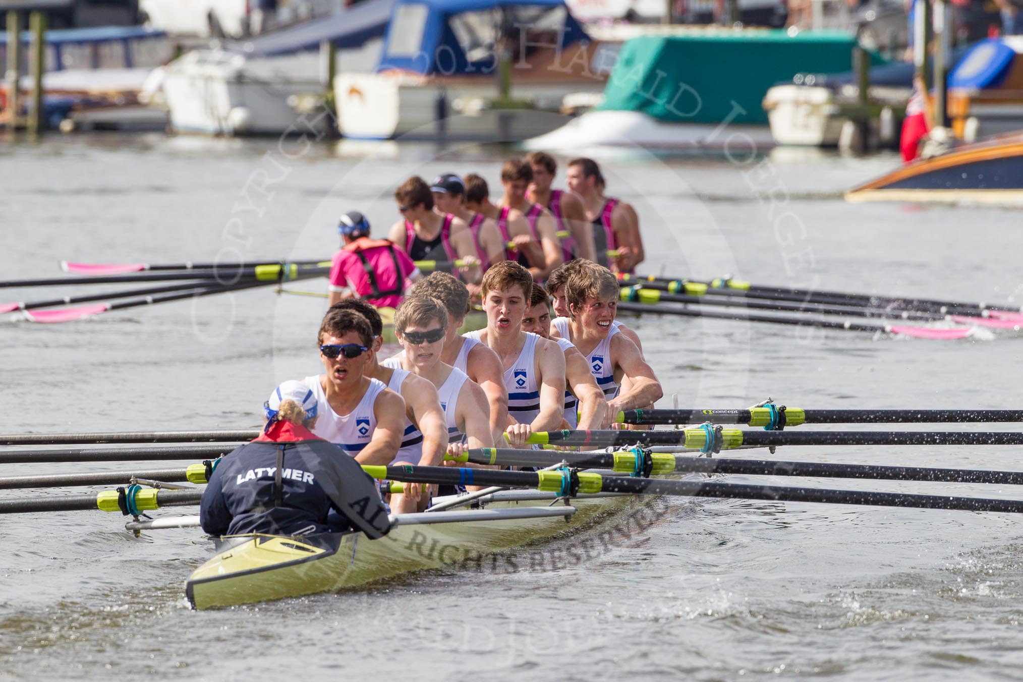 Henley Royal Regatta 2012 (Thursday): Race 12, Princess Elizabeth Challenge Cup:  Latymer Upper School  (140, Bucks) v Abingdon School  (122, Berks).
River Thames beteen Henley-on-Thames and Remenham/Temple Island ,
Henley-on-Thames,
Oxfordshire,
United Kingdom,
on 28 June 2012 at 10:10, image #75