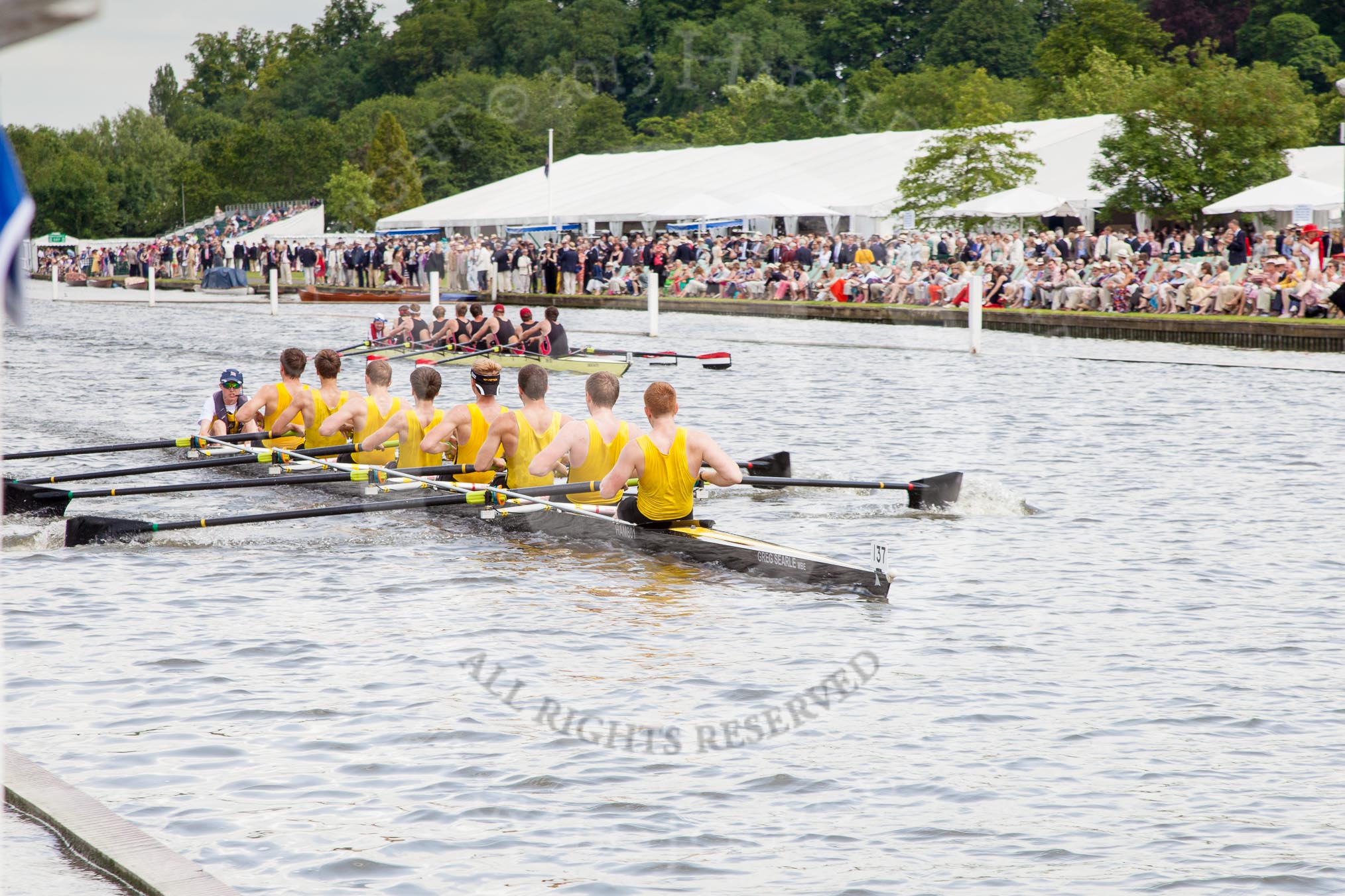 Henley Royal Regatta 2012 (Thursday): Race 32, Princess Elizabeth Challenge Cup:  Hampton School (137, Bucks) v Groton School, U.S.A.  (136, Berks).
River Thames beteen Henley-on-Thames and Remenham/Temple Island ,
Henley-on-Thames,
Oxfordshire,
United Kingdom,
on 28 June 2012 at 12:10, image #226